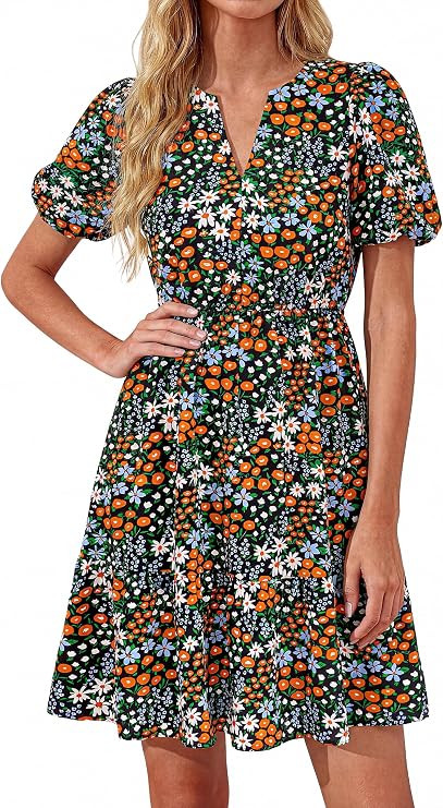 dowerme Women Summer Casual Dresses 2026 Puff Short Sleeve V Neck Floral Boho Midi Dress Flowy Ru... | Amazon (US)