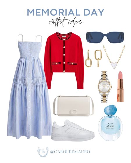 This powder blue midi dress paired with a red cardigan, white sneakers, a cute purse and more is the perfect casual outfit for Memorial Day!
#everydaylook #traveloutfit #petitestyle #outfitidea

#LTKItBag #LTKStyleTip #LTKShoeCrush