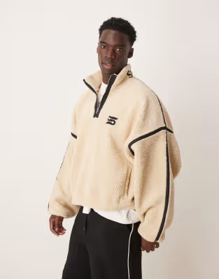ASOS DESIGN extreme oversize boxy fleece jumper with half zip and embroidery in ecru borg | ASOS (Global)