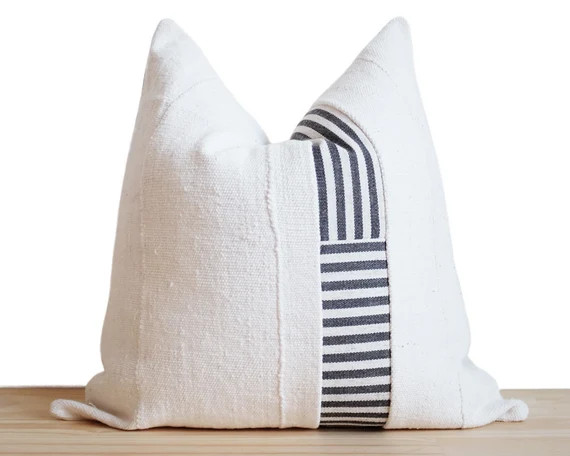 Mudcloth Pillow Cover, Authentic African Mud Cloth | Charcoal Ticking Stripe Accent | Stitched Se... | Etsy (US)