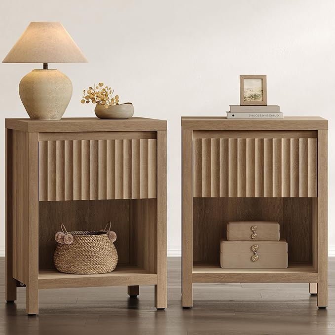 SICOTAS Fluted Night Stand Set of 2, Farmhouse Nightstands with Drawer, Boho Bedside Table with S... | Amazon (US)