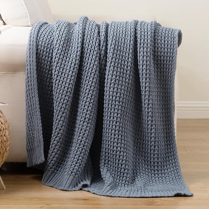 Bunnikins & Clover Blue Grey Throw Blanket for Couch, Thick Warm Soft Cozy Knitted Chenille Throw... | Amazon (US)