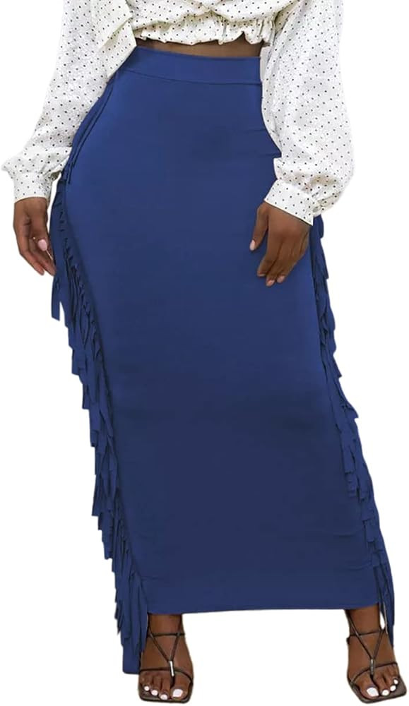 Lrady Women's Elastic Waist Slim Bodycon Side Tassels Long Maxi Pencil Skirts | Amazon (US)