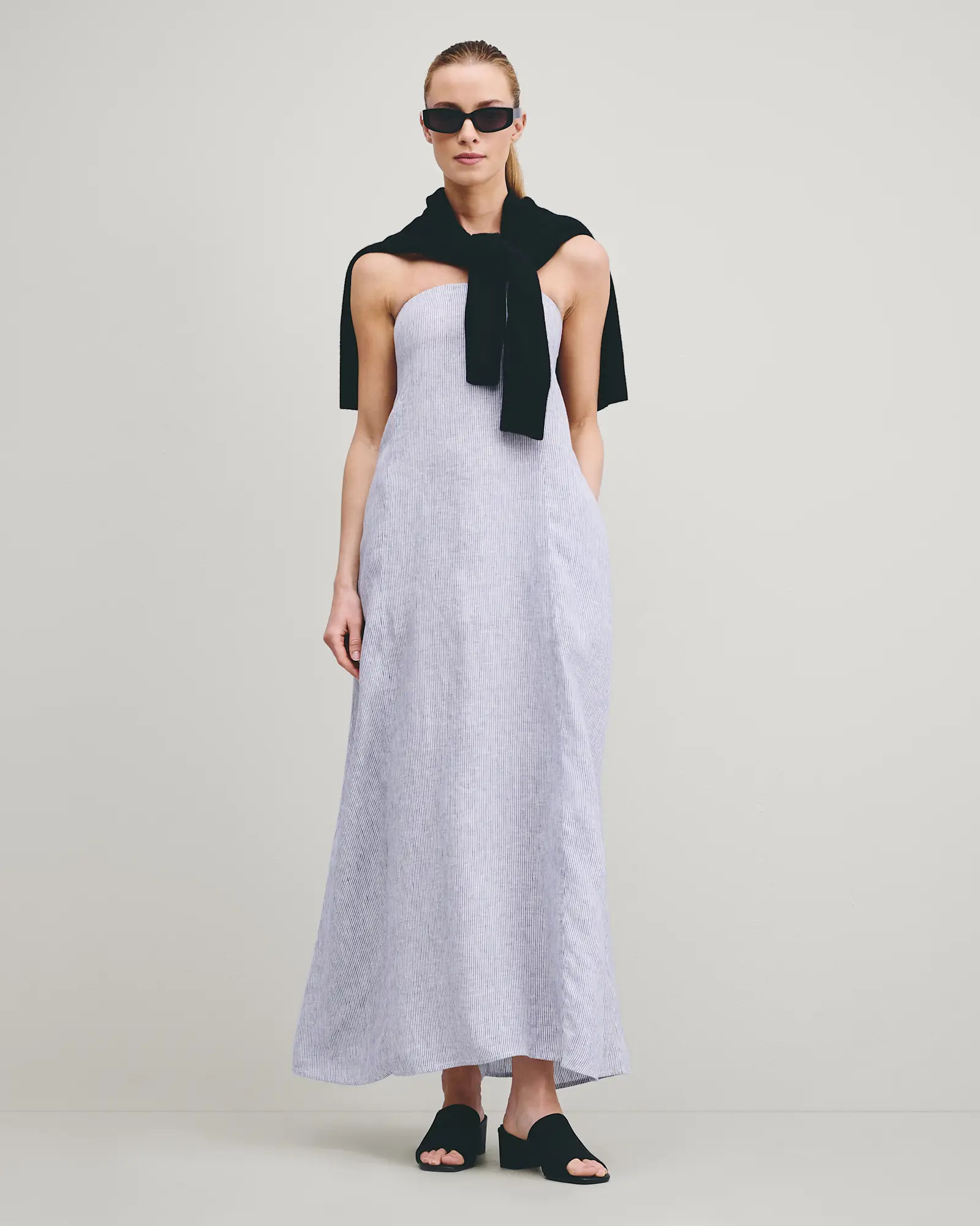 100% European Linen Strapless Maxi Dress in Blue Pinstripe | Quince