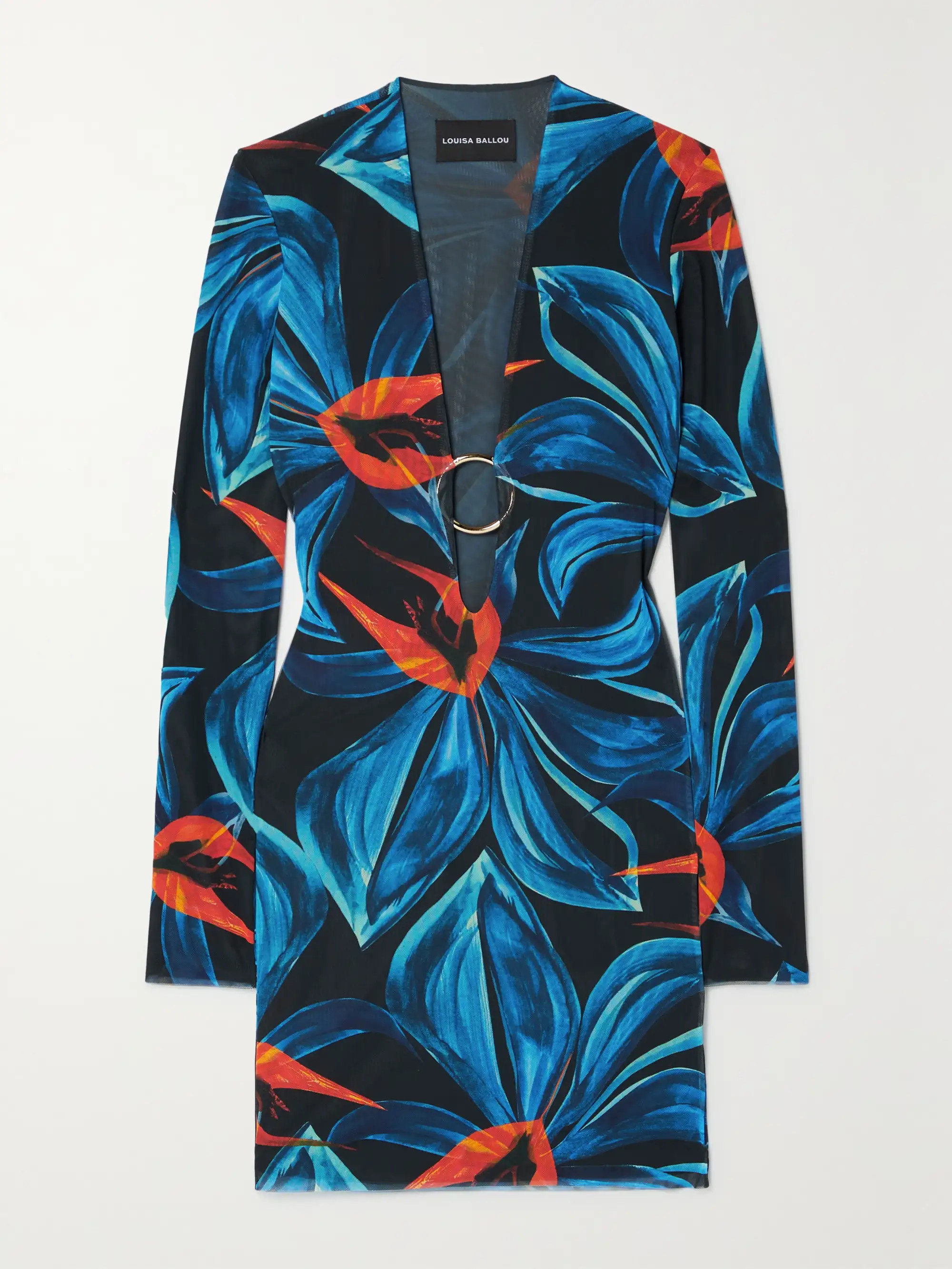 Blue Helios embellished floral-print stretch-mesh mini dress | LOUISA BALLOU | NET-A-PORTER | NET-A-PORTER (US)