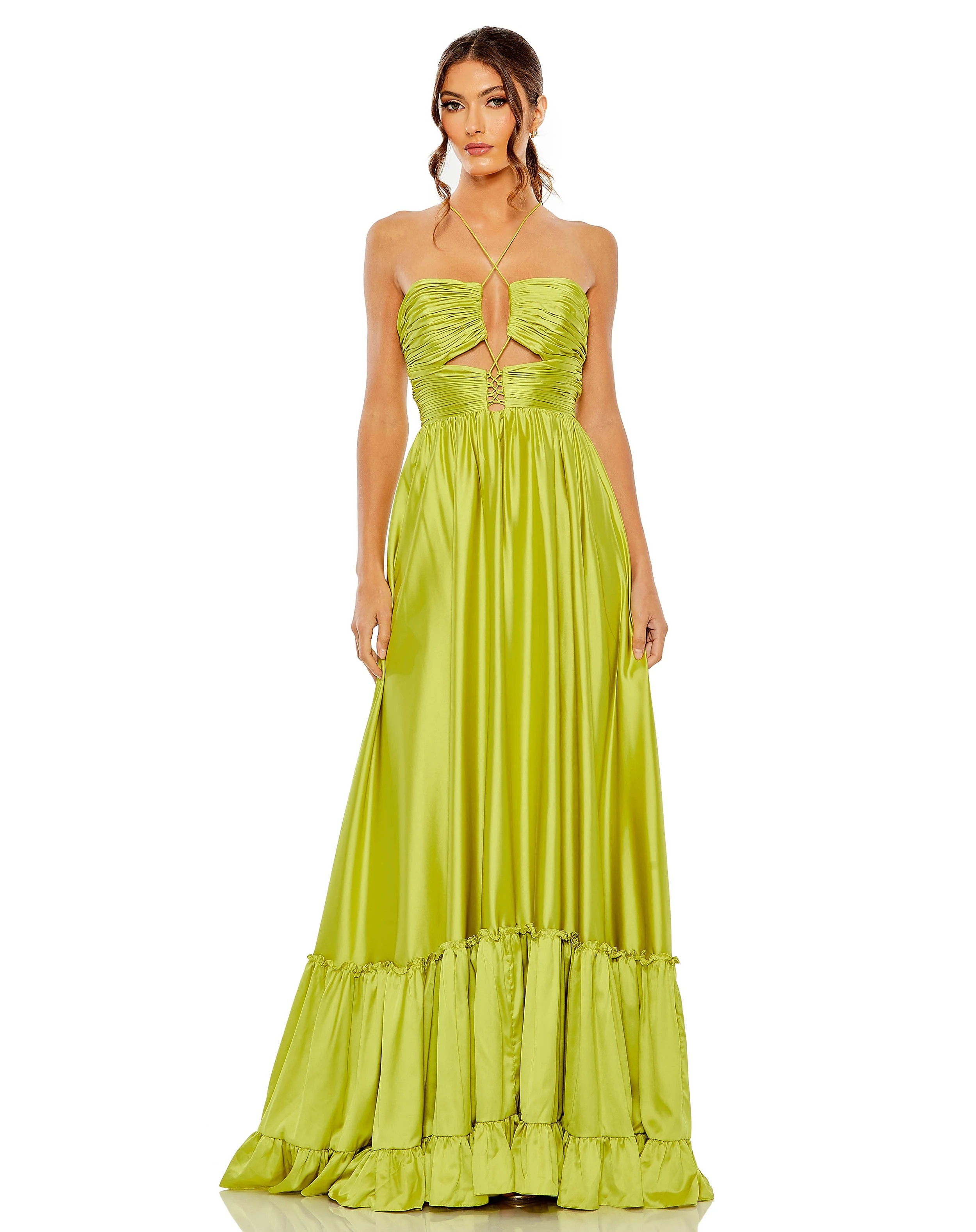 Ruched Tiered Criss Cross Spaghetti Strap Gown | Mac Duggal