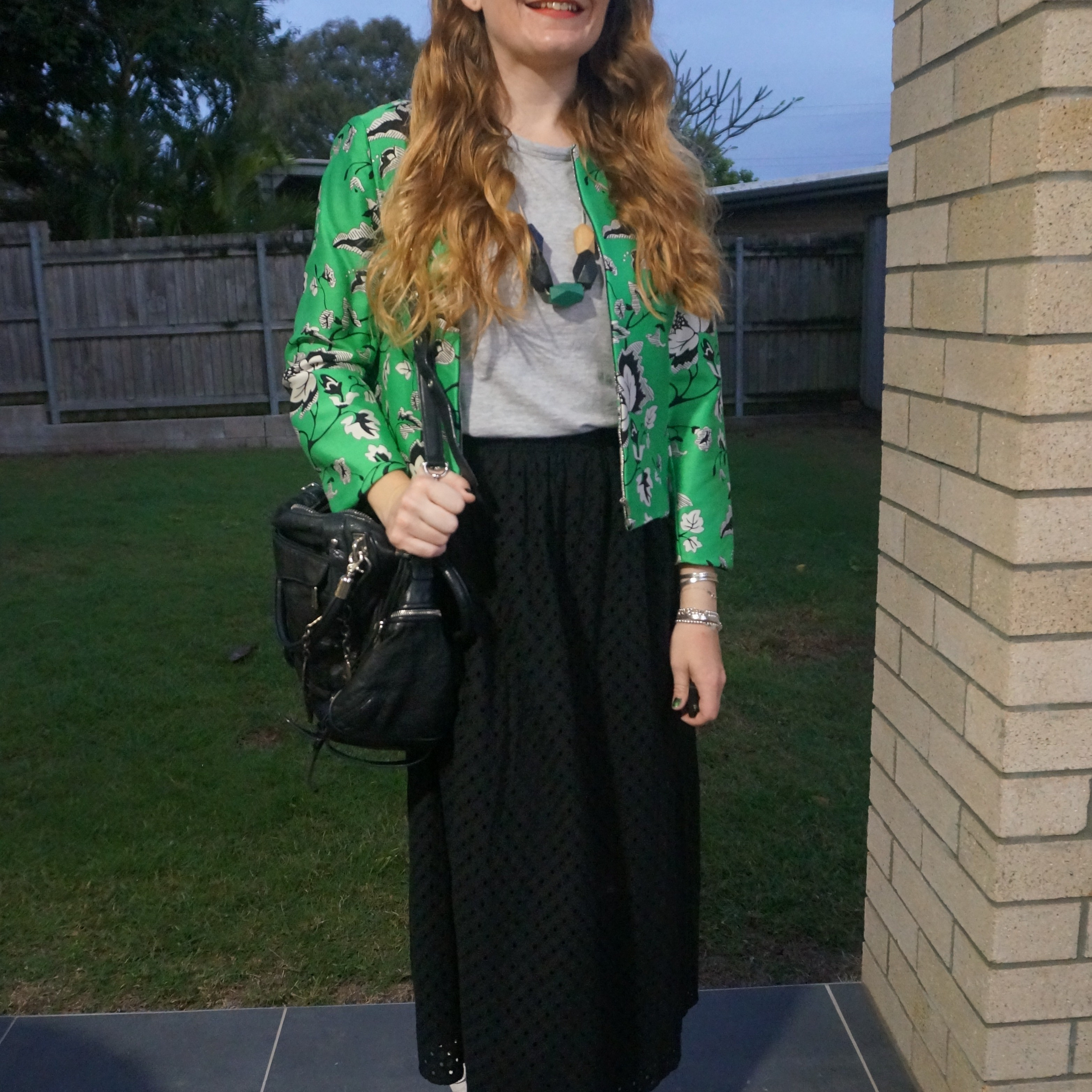 Diane Von Furstenberg green floral jacket over thrifted grey tee and newly purchased Anko Kmart black broderie maxi skirt (a clearance bargain) with thrifted Rebecca Minkoff cupid bag 💚

#LTKaustralia #LTKworkwear #LTKwinter
