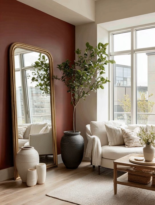 One bold wall can completely transform a room.

You don't need to paint every wall. You don't need a full renovation.

Sometimes all it takes is one beautiful statement wall.

This rich rustic burgundy creates depth, warmth, and instant character. It turns an ordinary corner into a destination within the room.

Then comes our favorite part.

The layering.

A gorgeous gold-framed floor mirror introduces elegance while reflecting natural light back into the space. Mirrors have long been one of our favorite design tools because they make rooms feel larger, brighter, and more inviting.

Next, add an oversized planter with a statement indoor tree.

In 2026, we're seeing a strong return to larger indoor trees. Not small plants tucked into corners, but sculptural greenery that creates presence. A beautiful fiddle leaf fig or similar tree softens the bold wall, adds natural energy, and creates the perfect contrast against the rich burgundy backdrop.

✨ Burgundy for drama.
✨ Gold for elegance.
✨ Greenery for balance.

That's the formula.

The result feels bold without being overwhelming, luxurious without feeling formal, and timeless enough to enjoy for years.

Sometimes the most beautiful rooms are built from just three carefully chosen elements.

Which caught your eye first—the burgundy wall, the gold mirror, or the statement tree?

#HomeDecor #ElegantAndDriven #FloorMirror #IndoorTrees #StatementWall 

 #LTKHome