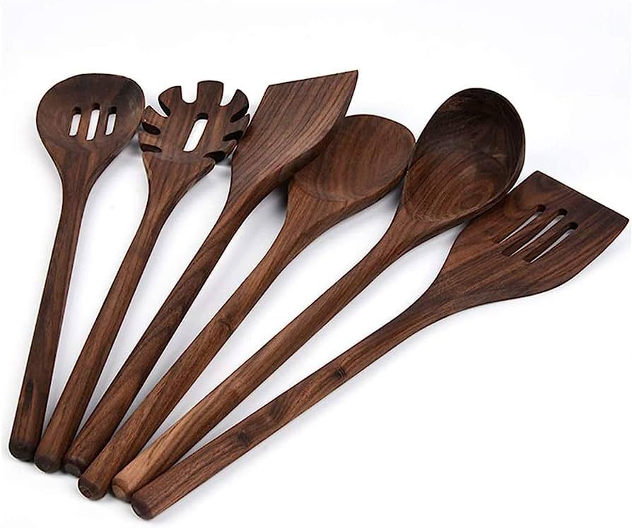 Fiunkes 6 PCS Wooden Kitchen Utensils Set, Black Walnut Wood Long Handle Spoons and Spatula Set f... | Amazon (US)