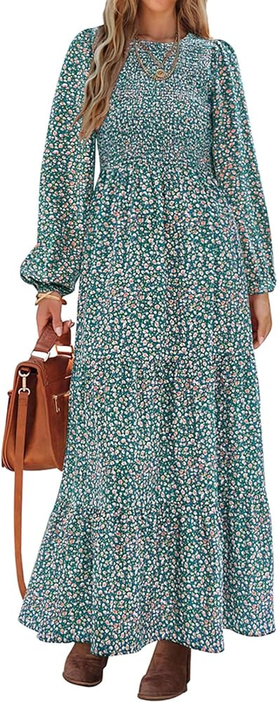 PRETTYGARDEN Women's Fall Dresses 2024 Long Sleeve Flowy Casual Floral Maxi Dress Crew Neck Smock... | Amazon (US)
