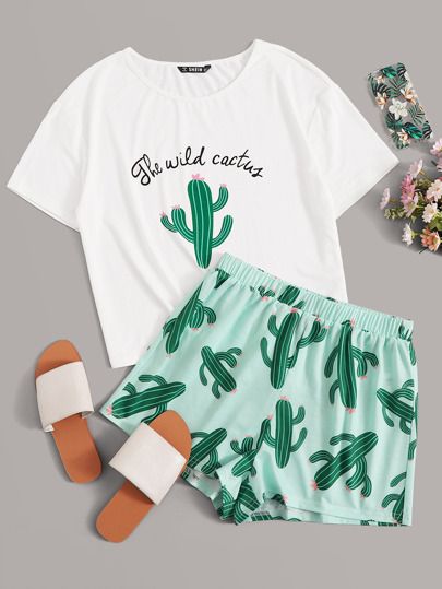 SHEIN Slogan and Cactus Print Tee and Shorts PJ Set | SHEIN