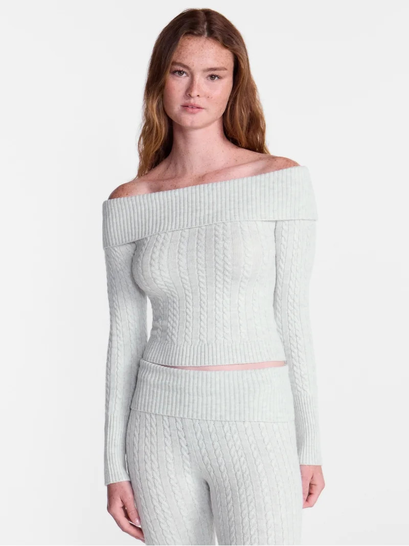 No Boundaries Cable Knit Off The Shoulder Sweater, Women's XXS-XXL | Walmart (US)