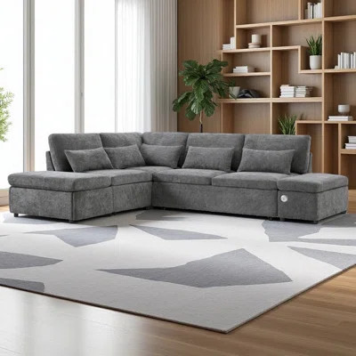 107'' Sectional Sleeper Sofa Bed With Pull Out Couch, L-Shaped With Adjustable Armrest, USB&Type-C Charging | Wayfair North America