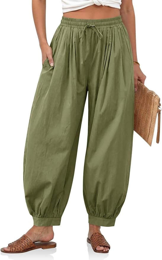 Cicy Bell Womens Baggy Pleated Harem Pants Summer Elastic High Waisted Wide Leg Balloon Cotton Lo... | Amazon (US)