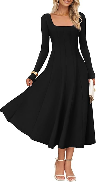 MEROKEETY Women's 2025 Fall Long Sleeve Midi Dress Square Neck A Line Casual Wedding Guest Dresse... | Amazon (US)