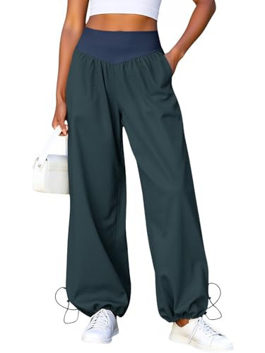 Fisoew Womens Wide Leg Pants Casual High Waist Baggy Track Pants Loose Fit Drawstring Cuffs Lounge Pant with Pockets Navy | Amazon (US)