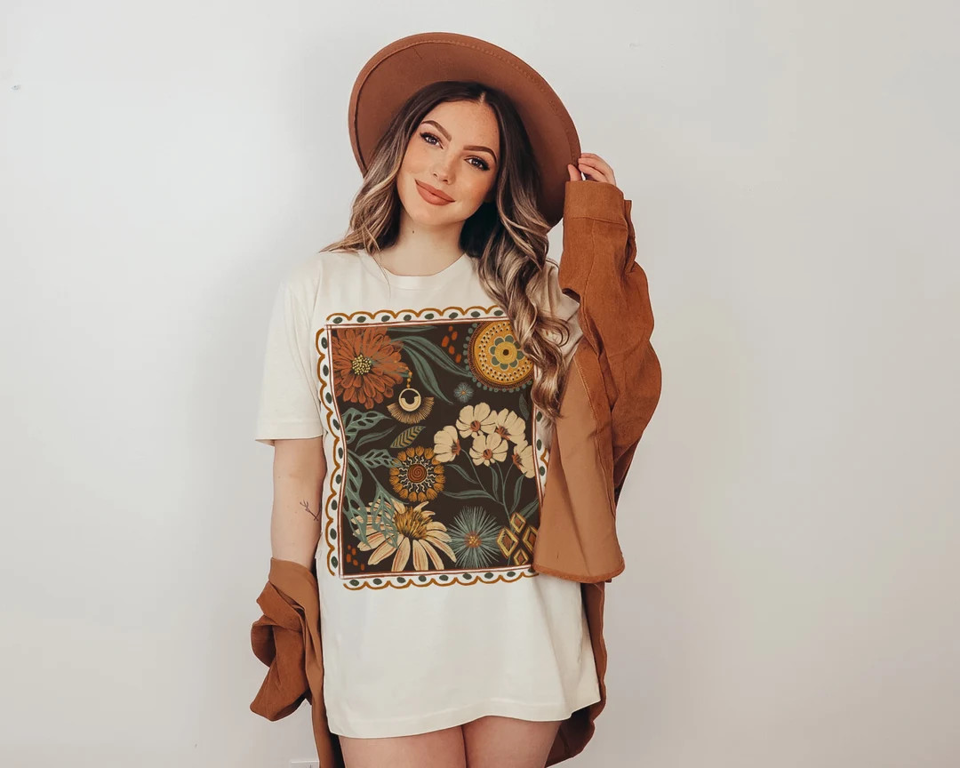 Boho Floral Cottagecore Shirt, Fall Flowers Nature Tshirt, Wildflower Garden T-Shirt, Gift for Fl... | Etsy (US)