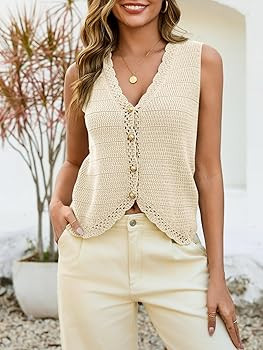 Saodimallsu Womens Sleeveless V Neck Sweater Vest Cropped Button Down Crochet Casual Loose Knit S... | Amazon (US)