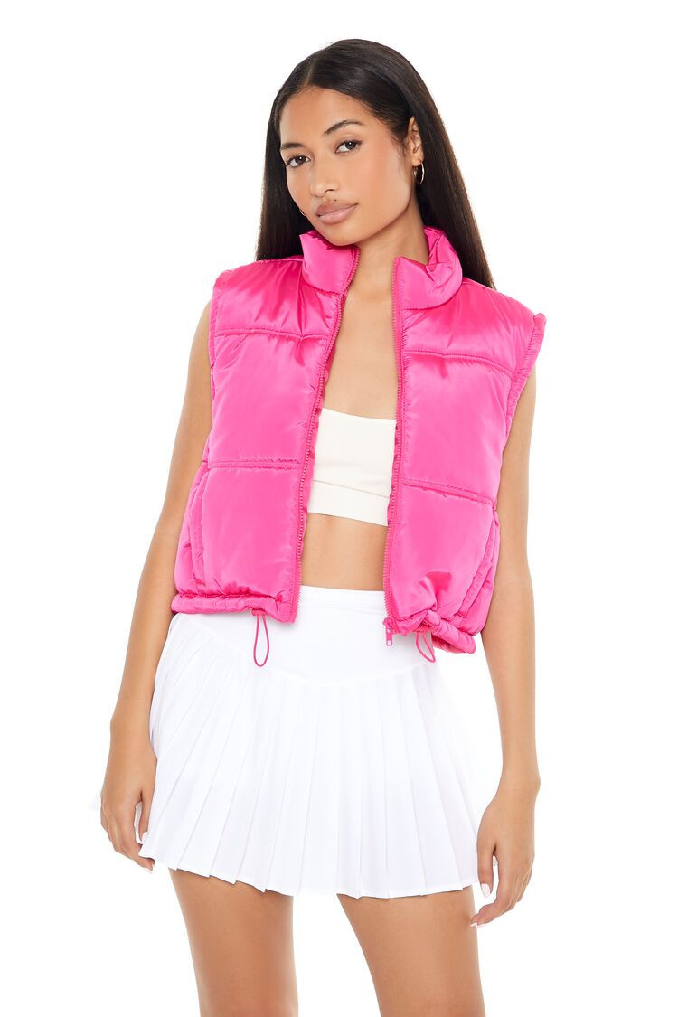 Women's Cropped Zip-Up Puffer Vest in Hot Pink Small | Forever 21