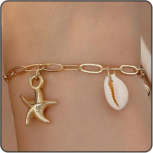 Charm Starfish Shell Ankle Bracelets for Women, Trendy 14K Gold Paperclip Chain Sea Star Statemen... | Amazon (US)