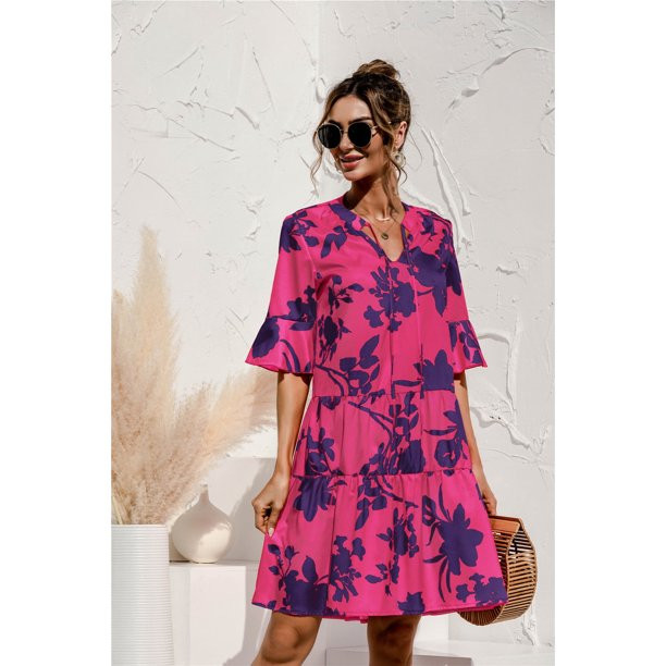 QINCAO Women Dresses Summer Dress V-Neck Short Sleeve T-Shirt Dress Babydoll Ruffles Casual Mini ... | Walmart (US)