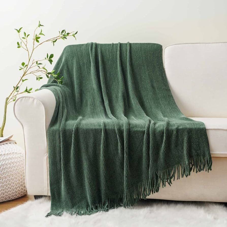 BATTILO HOME Dark Green Throw Blanket for Couch, Soft Chenille Knit Throws with Tassels for Home ... | Amazon (US)
