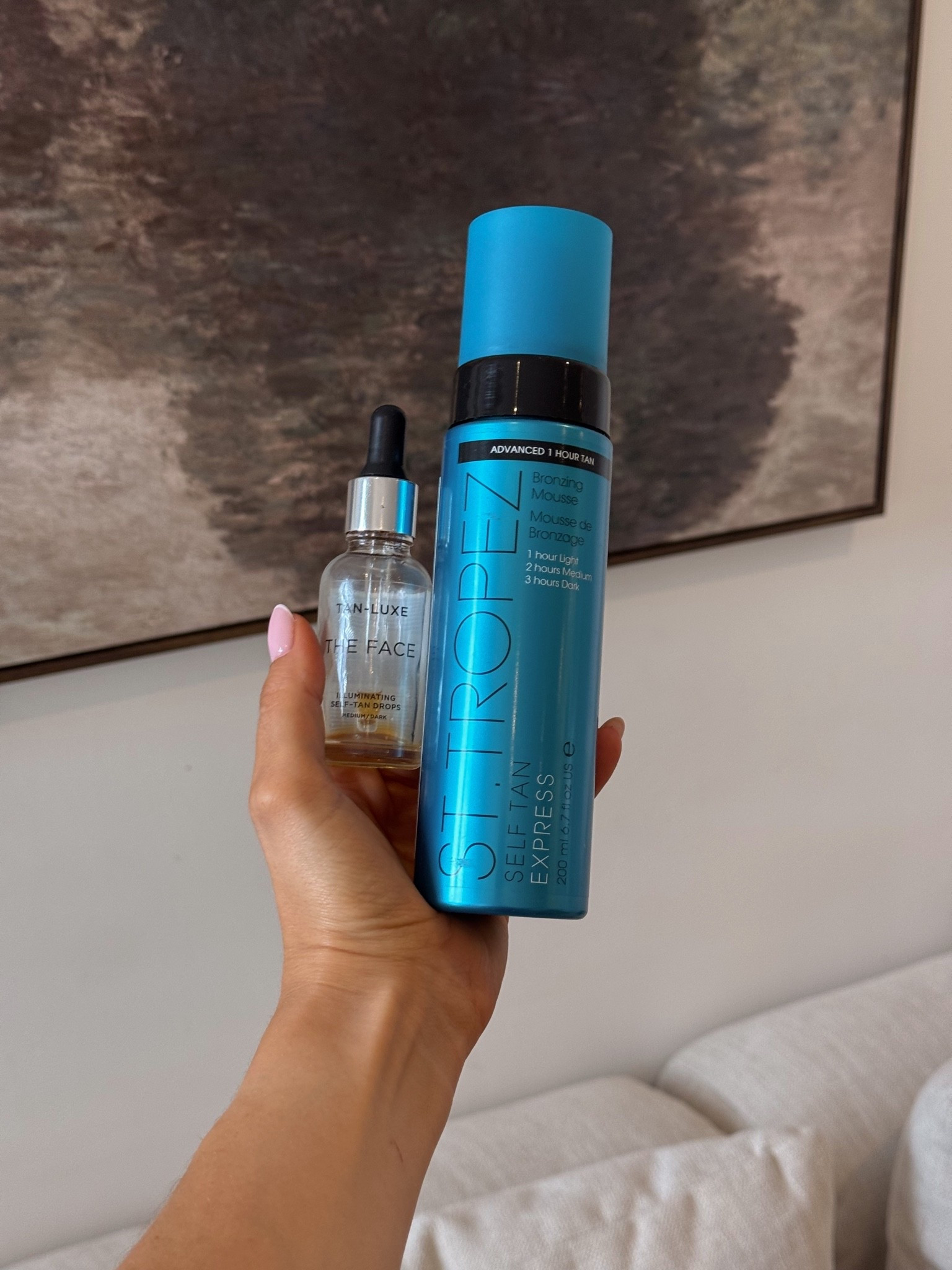Fake tan favourites - st Tropez express mousse kept on overnight for an extra dark tan & Tan Luxe The Face medium/dark drops mixed into moisturiser for my face, hands and feet

#LTKuk #LTKbeauty #LTKspring