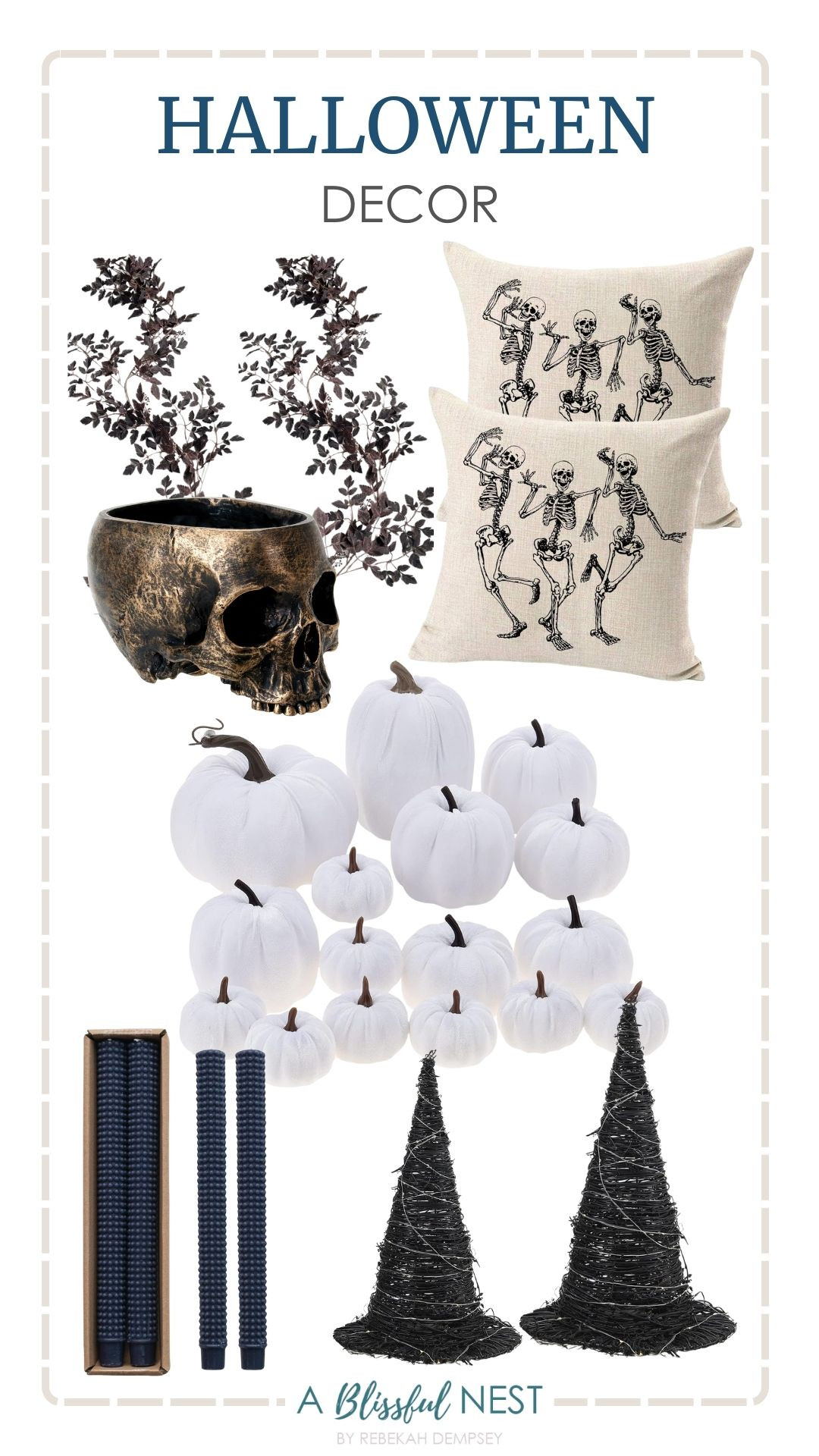 These Halloween decor picks make decorating for the season so easy. Shop the collection.

Artificial plum cimicifuga seeded fall garland, black faux velvet pumpkins, rattan witch hat décor, hobnail taper candles, skull pillow, and skull candy bowl. 

 #LTKSeasonal #LTKHome