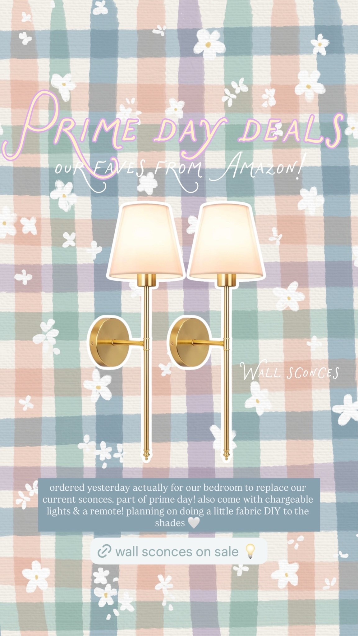 ordered yesterday actually for our bedroom to replace our current sconces. part of prime day! also come with chargeable lights & a remote! planning on doing a little fabric DIY to the shades 🤍