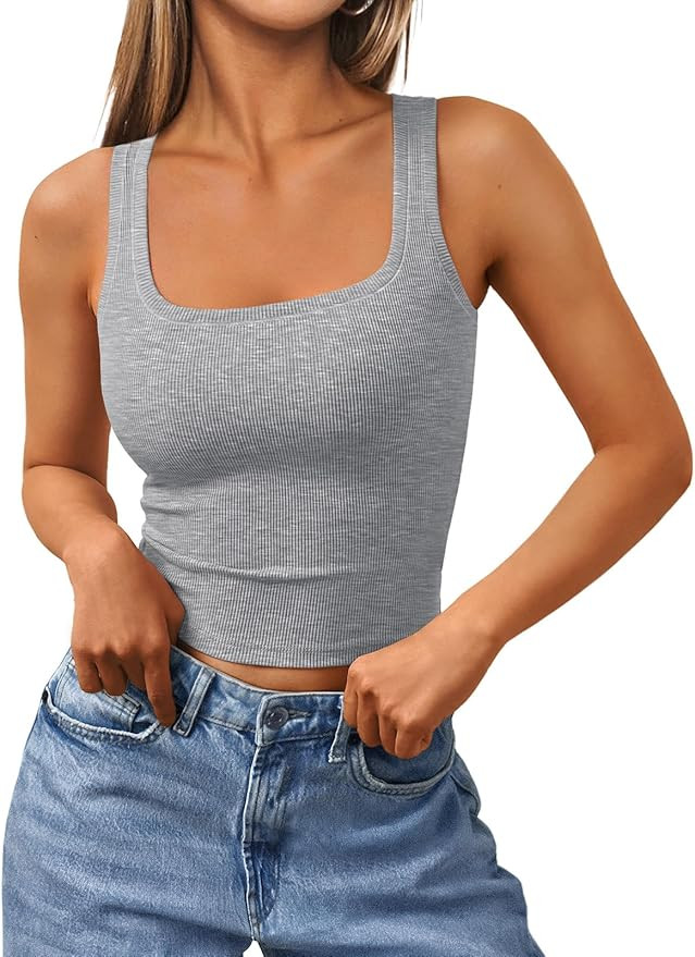 Trendy Queen Womens Square Neck Tank Tops Workout Cropped Ribbed Summer Camisole Sleeveless Cloth... | Amazon (US)