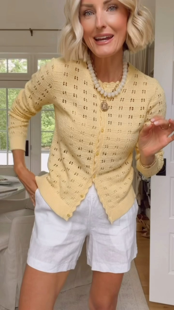 This butter yellow cardigan is perfection! Perfect to add texture and wear as a top, over your shoulders, or layering! The white and yellow color palette is so perfect for spring and summer. Wearing XS in shorts and S in cardigan!

Loverly grey, j crew factory, butter yellow pointelle cardigan, how to style linen shorts, spring summer style favorites 

 #LTKSeasonal