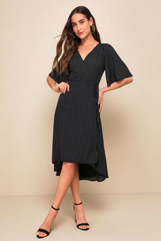 Farah Black Print Midi Wrap Dress | Lulus