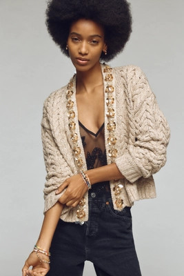 Maeve Cable-Knit Deco-Trim Cardigan | Anthropologie (US)