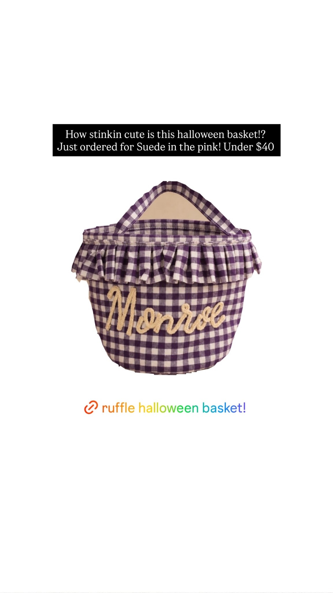 How stinkin cute is this halloween basket!? 
Just ordered for Suede in the pink! Under $40