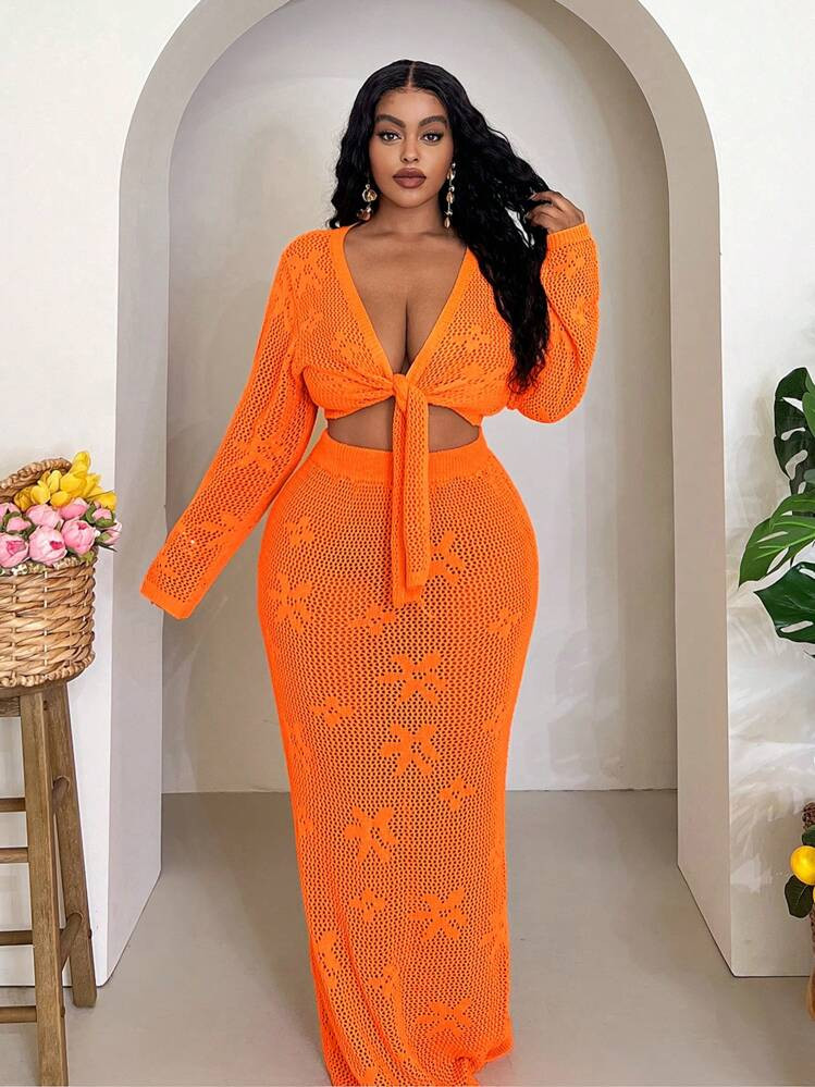 SHEIN Slayr Plus Size Women Holiday Beach Solid Color Hollow Out Knit Top And Skirt Set Winter Fall Autumn | SHEIN