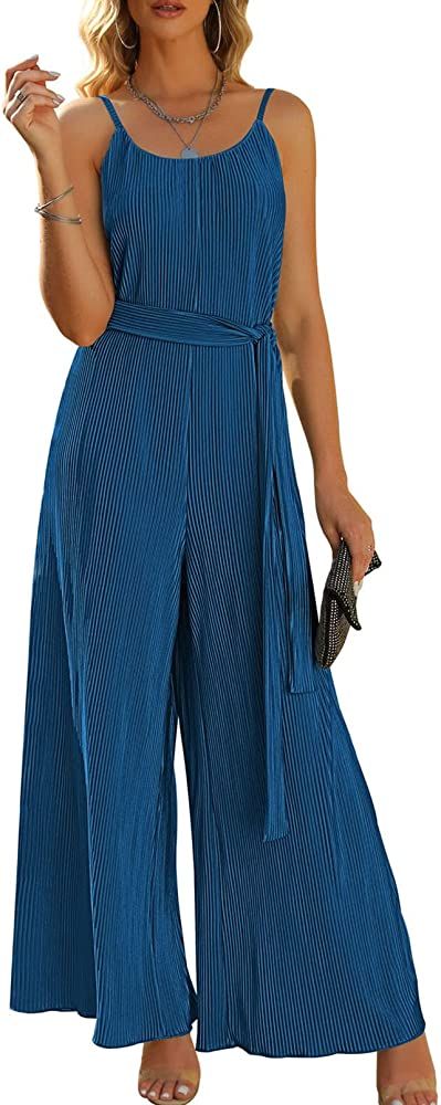 Fixmatti Women Pleated Jumpsuit Spaghetti Straps Sleeveless Tie Waist Wide Leg Long Pant Romper P... | Amazon (US)
