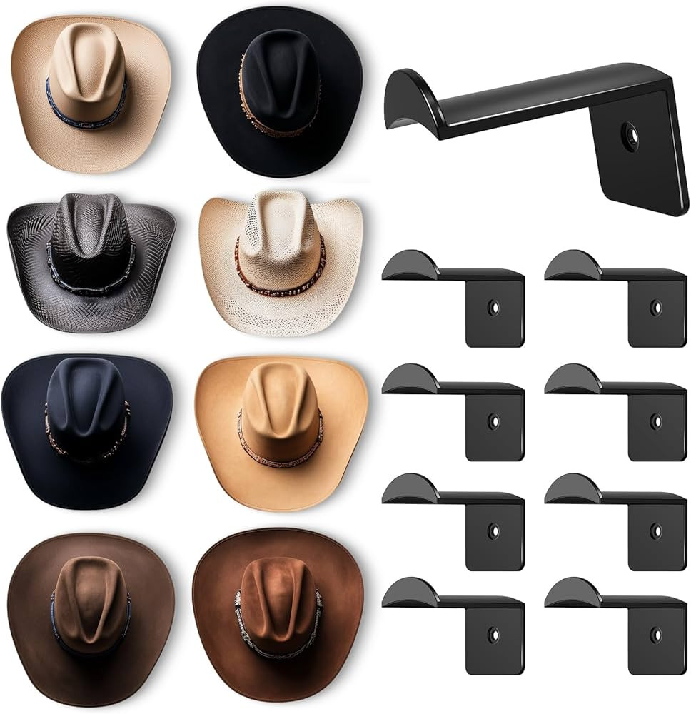 2.8 Inch Hat Hooks for Wall - (8 Pack) Cowboy Hat Rack, Strong Adhesive Cap Holder, Organizer for... | Amazon (US)