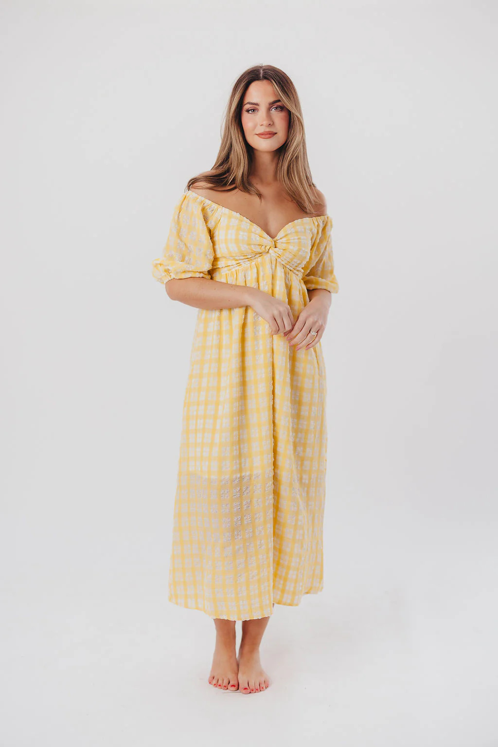Clara Puffed Sleeve Midi Dress with Twisted Bodice in Canary | Worth Collective
