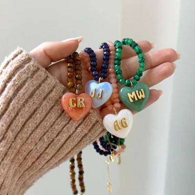 Semi-Precious Heart Custom Initial Necklace - Light Jade | BaubleBar