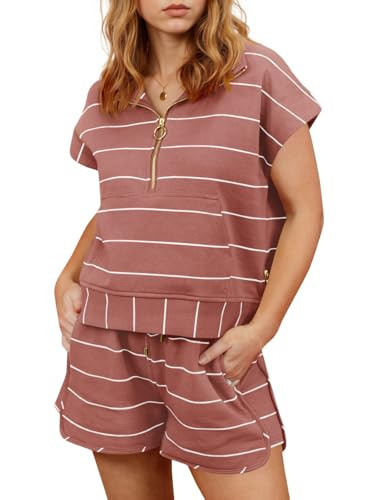 Fisoew Womens Summer 2 Piece Outfits Half Zip Cap Sleeve Pullover Tops Drawstring Short Striped Tracksuit Sets | Amazon (US)