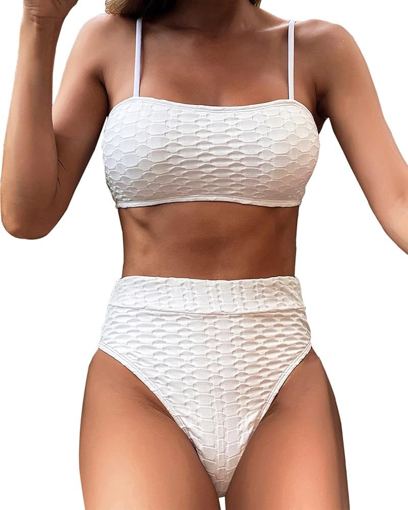 SherryDC Women's Spaghetti Strap Bandeau Padded High Waisted High Cut Bikini Swimsuit | Amazon (US)