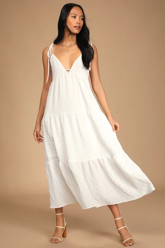 Let the Sun Beam White Tie-Strap Tiered Midi Dress With Pockets | Lulus (US)