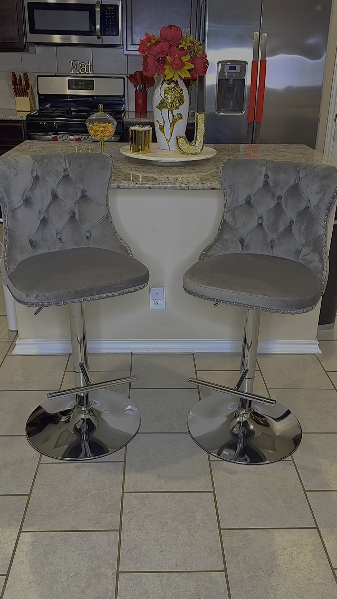Gray Velvet Barstools 🩶. Love my new barstools, very comfortable and provides back support. 

#LTKHome #LTKStyleTip #LTKVideo