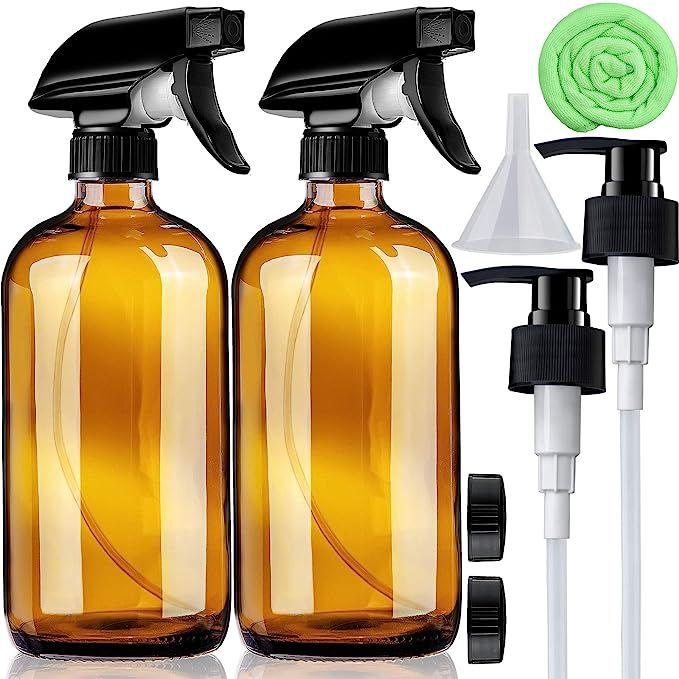 Amber Glass Spray Bottles 16 oz Pump Bottle (2 Pack) Refillable Cosmetic Containers Brown Mist & ... | Amazon (US)