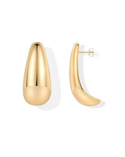 PAVOI 14K Yellow Gold Plated 925 Sterling Silver Posts Statement Chunky Drop Dangle Earrings | Teardrop Half Huggie Hoop Earrings for Women | Amazon (US)