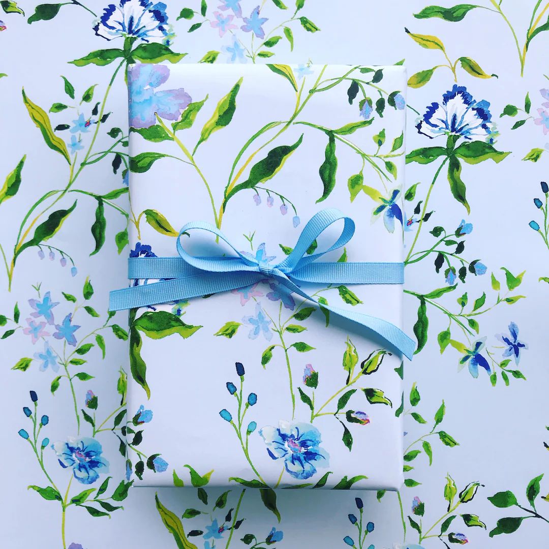 Wrapping Paper: Blue Vintage Floral gift Wrap Birthday - Etsy | Etsy (US)