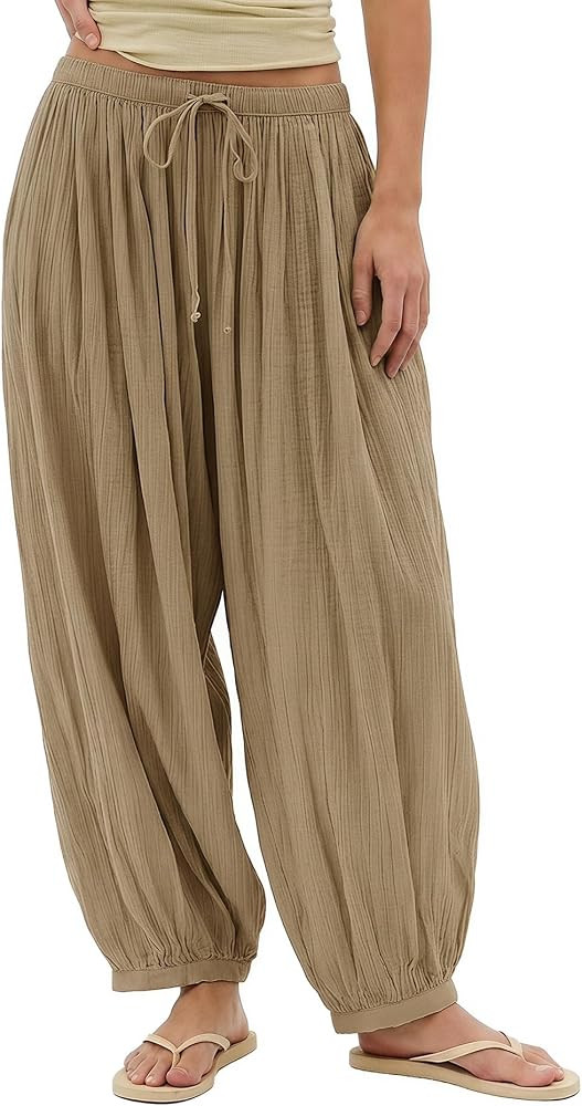 Jenkoon Womens Balloon Pants Summer Flowy Wide Leg Pants Cotton Blend Drawstring Vacation Beach P... | Amazon (US)