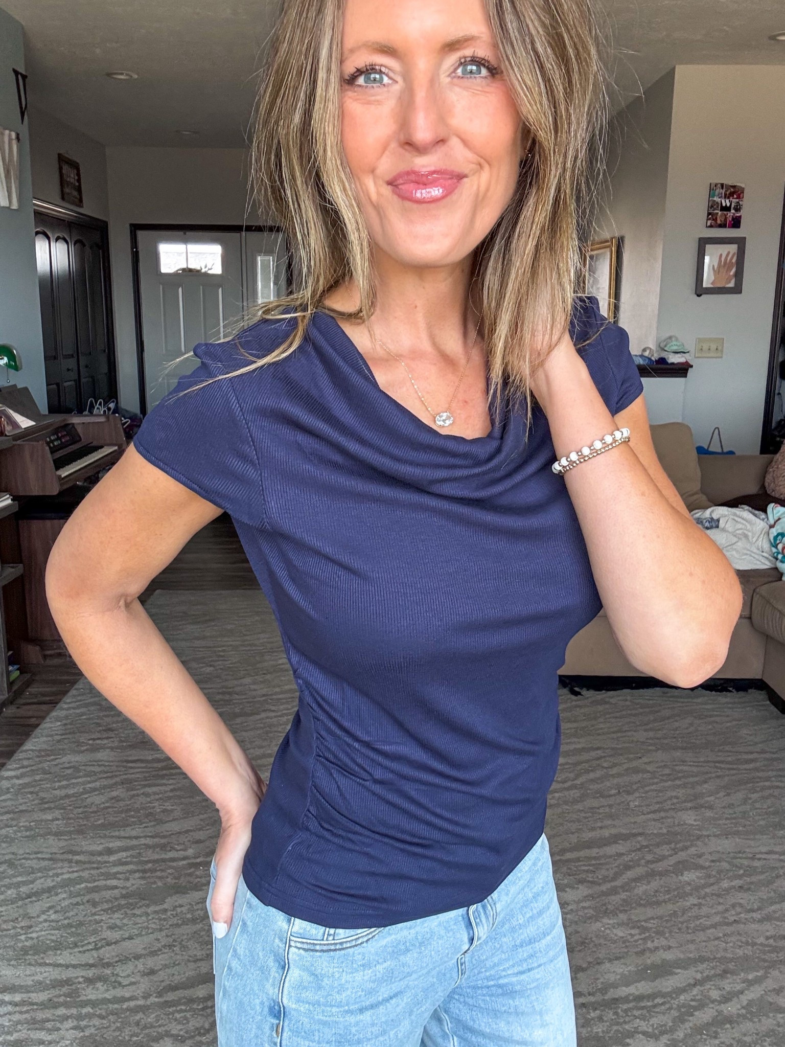 Love a good ribbed, cowl neck top! 💙 This one in navy is so cute! Wearing a medium. 

As an Amazon Influencer I earn commission on qualifying purchases.

Mom style, office attire, navy blue top, spring fashion, blue top, short sleeved tops for work 

#LTKMidsize #LTKmomlife #LTKWorkwear
