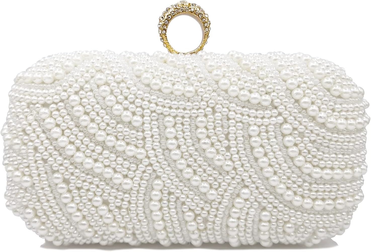 Aovtero Pearl Clutch Bag Bride Purse Women Wedding Prom Evening Bags Full Beaded Handbag with Cha... | Amazon (US)