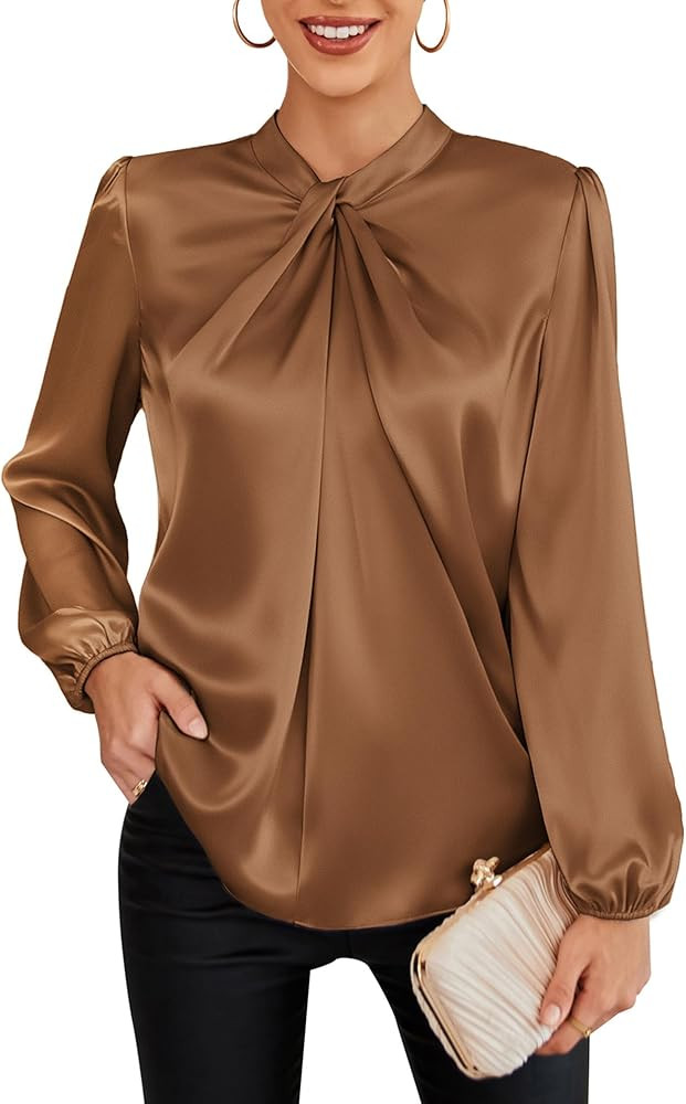 GRACE KARIN Women's Long Sleeve Satin Blouse,Mock Neck Work Silk Shirts,Dressy Tops for Business ... | Amazon (US)